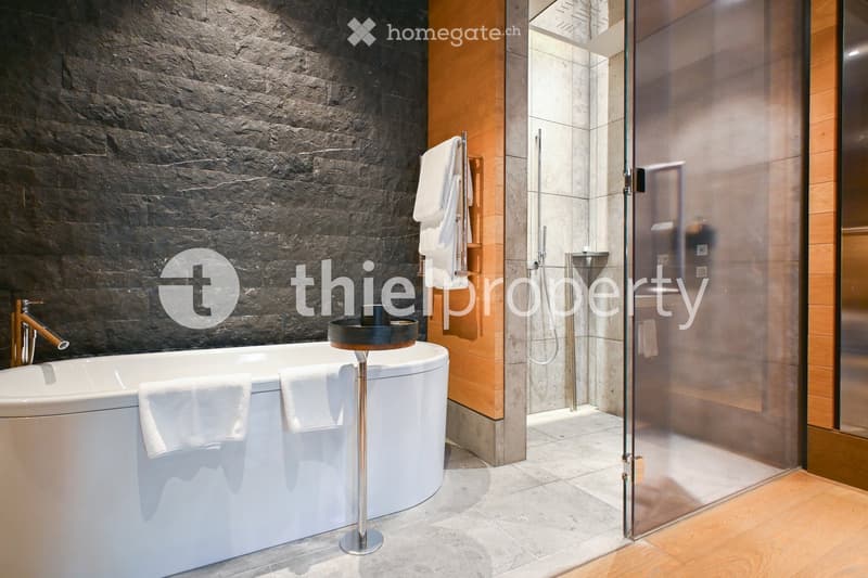 Modern bathroom with a large bathtub, glass-enclosed shower, towel rack, and sleek fixtures.