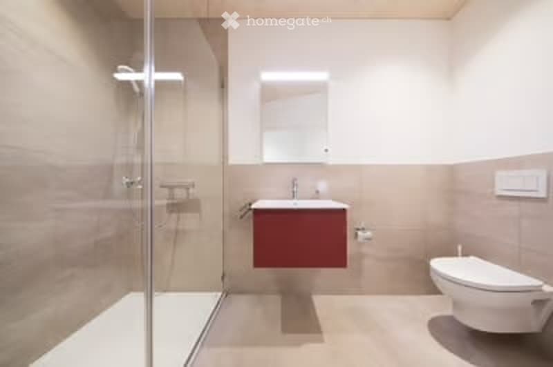 Modern bathroom with a glass-enclosed shower, a red vanity cabinet, a white sink, and a white toilet.