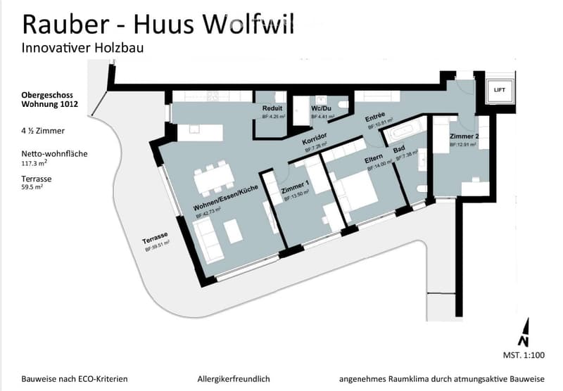 Floor plan of a 4.5-room apartment with living/dining/kitchen area, two bedrooms, bathroom, hallway, and terrace.