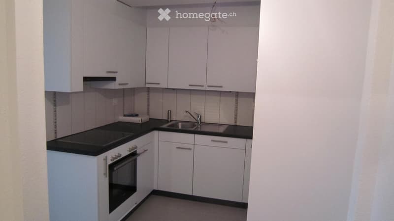 Modern kitchen with white cabinets, black countertops, stainless steel sink, and built-in oven.