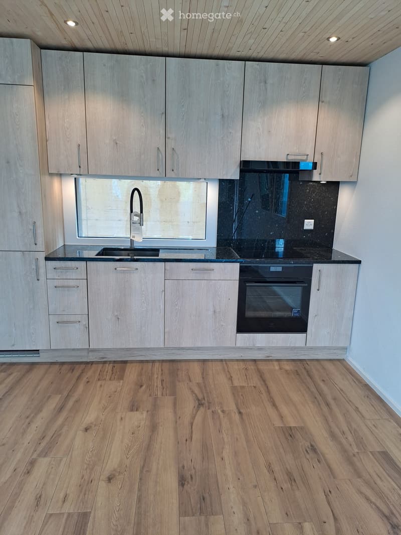Modern kitchen with light wood cabinets, black countertops, a sink with a modern faucet, and an oven. The floor is made of light wood planks.
