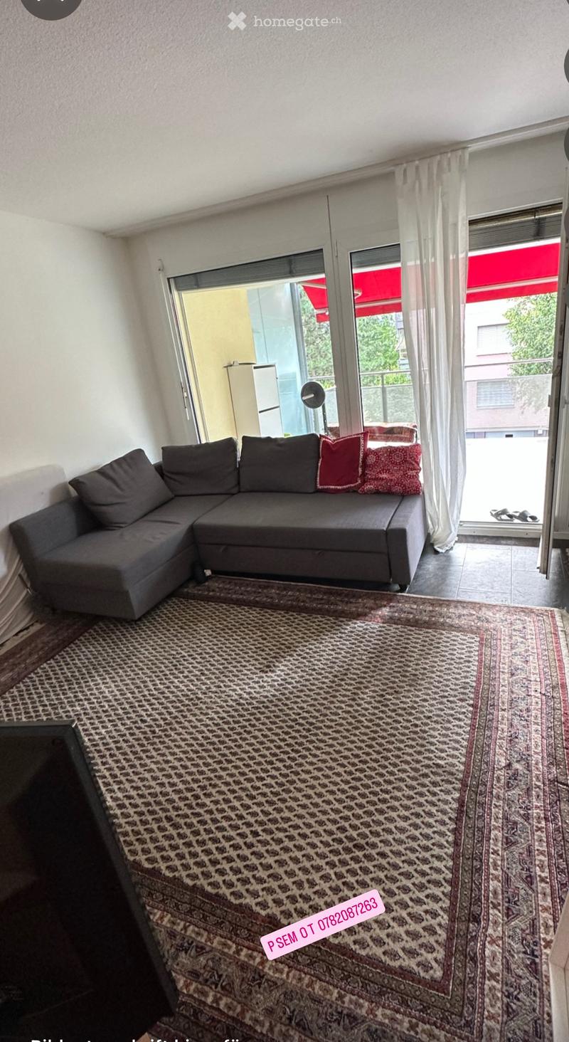 Living room with a grey sectional sofa, red and black throw pillows, and a patterned rug on the floor. Large windows with white curtains lead to a balcony.