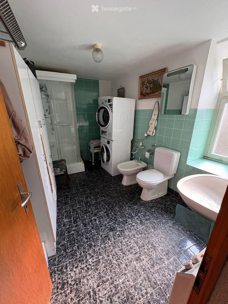 Tiled floor, green walls, washing machine, shower, bidet, toilet, bathtub