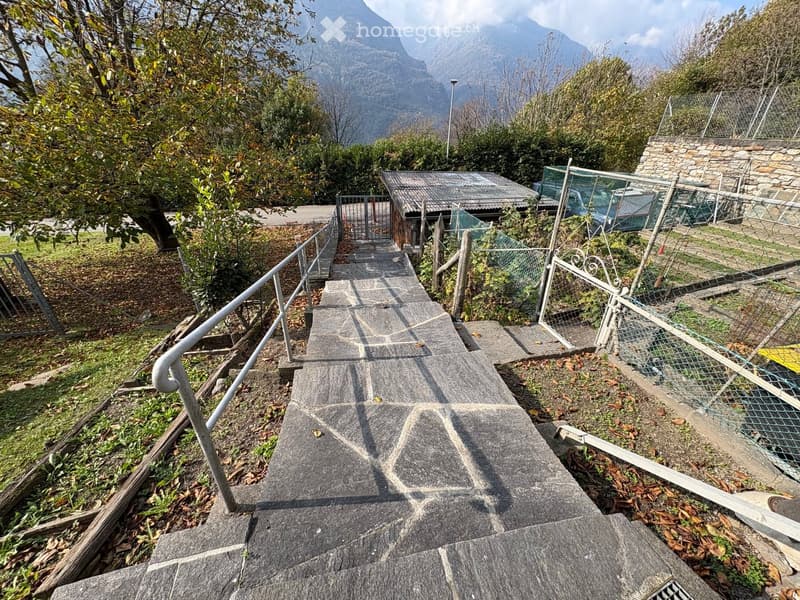 stone stairs leading to raised area, metal handrail, fallen leaves, grass, chain link fence, trees, mountains in background