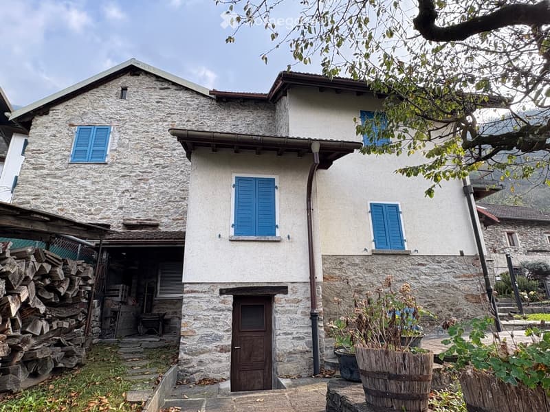 Stone exterior, brown door, stone steps, blue shutters, wooden barrels with plants, stack of firewood