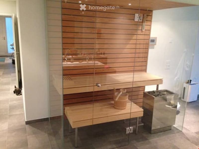 Modern bathroom with a wooden sauna bench, glass enclosure, bathtub, and decorative vase.