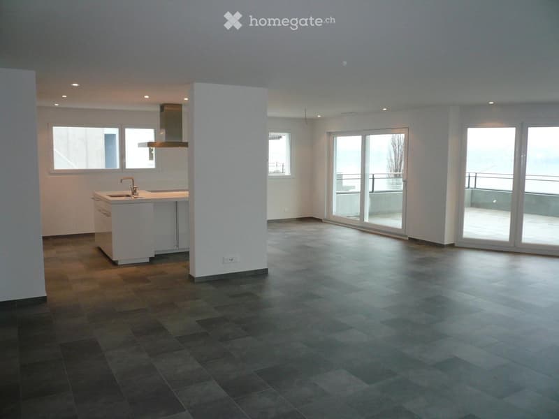 Open-plan space with a modern kitchen area featuring a sink, faucet, and cabinets, connected to a living area with large windows and sliding glass doors leading to a balcony.