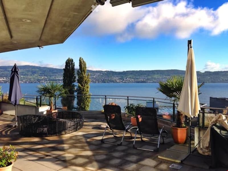 Balcony with outdoor furniture, potted plants, and scenic water view.