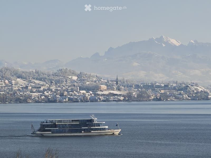 A scenic view of a town on a hillside by a lake, with a large houseboat in the foreground and snow-capped mountains in the background.