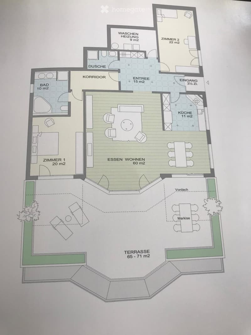 Floor plan showing a 3-room apartment with a living-dining area, two bedrooms, a bathroom, a shower, a kitchen, a hallway, an entrance, a washing area, and a terrace.