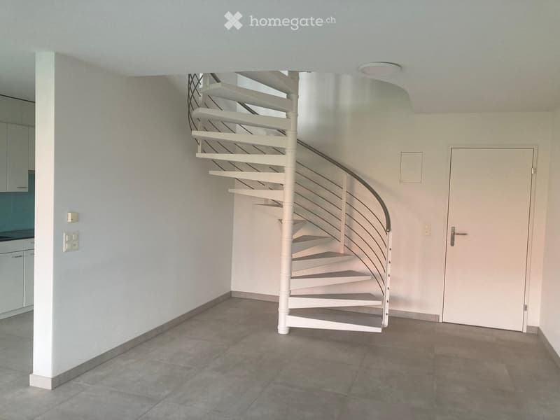 Modern hallway with a white spiral staircase, tiled floor, and white walls. Features a closed door and a light fixture on the ceiling.