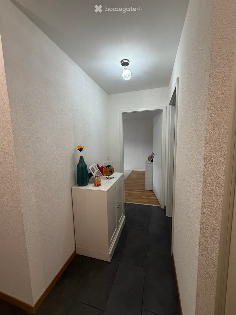 A narrow hallway with white walls, dark tiled floor, and a small cabinet with decorative items on top. A doorway leads to another room with wooden flooring.