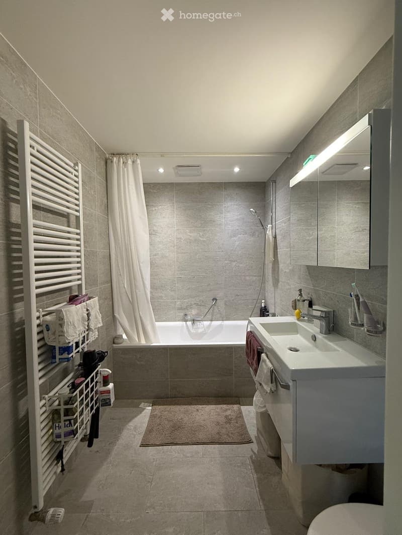 Modern bathroom with a bathtub, sink, mirror, radiator, and towel rack. The space features grey tiles and a beige rug.
