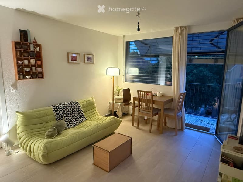 Bright living room with a green sofa, wooden dining table, chairs, shelf with decorative items, and large windows opening to a balcony.