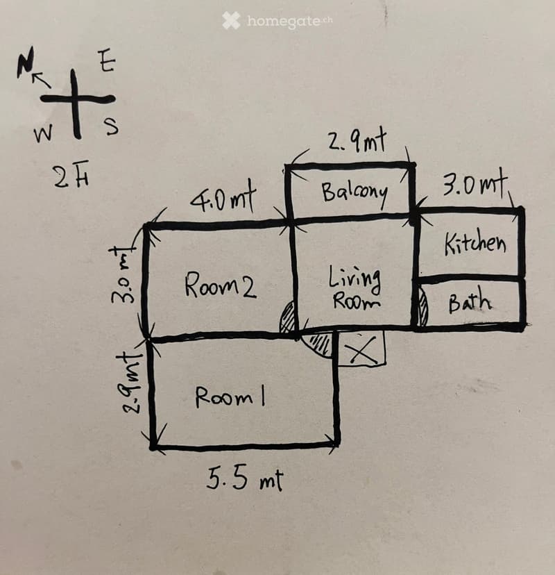 Floor plan showing a layout with a living room, kitchen, bathroom, balcony, and two additional rooms labeled Room 1 and Room 2. Dimensions are provided for each wall.