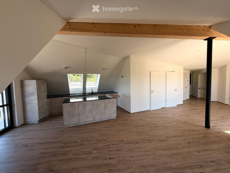 Modern, open-concept kitchen with light wooden flooring, white walls, and a sleek kitchen island with built-in cabinets and a sink.