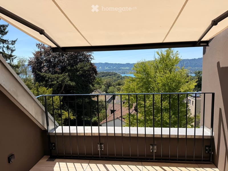 Balcony with metal railing, retractable awning, and scenic view of trees and water.
