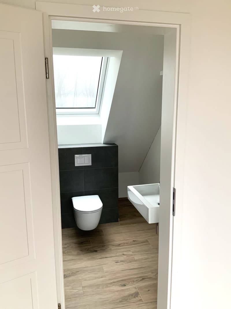 Modern bathroom with wooden flooring, white toilet, white sink, dark tiled lower wall, and a skylight window above the sink.