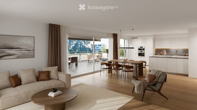 Modern open-plan living and dining area with a sofa, coffee table, armchair, dining table, and chairs. The kitchen features white cabinets, an oven, and a sink. Large windows and sliding doors open to a balcony with outdoor seating.
