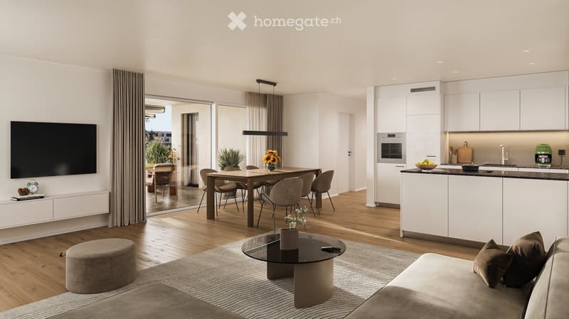 Modern, open-concept living and dining area with a sofa, ottoman, coffee table, TV, dining table with chairs, and a sleek kitchen featuring white cabinets, an oven, and various appliances.