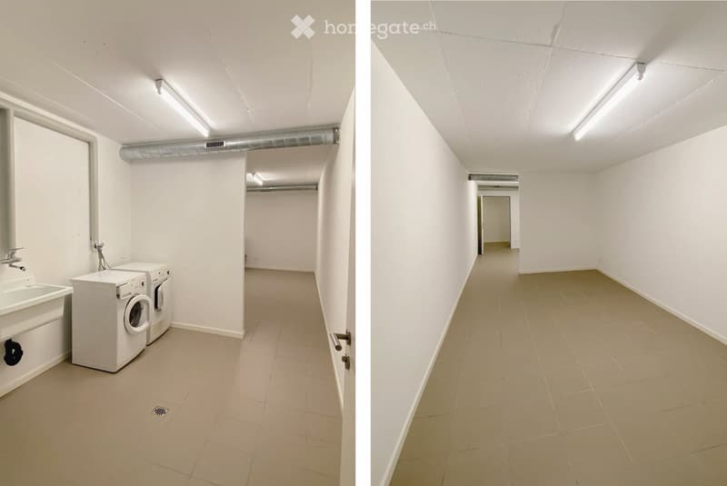 Two images showing a clean, unfurnished corridor and a small utility area with a sink and washing machines. The corridor has white walls, tiled flooring, and fluorescent lighting. The utility area includes a sink, washing machine, and dryer.