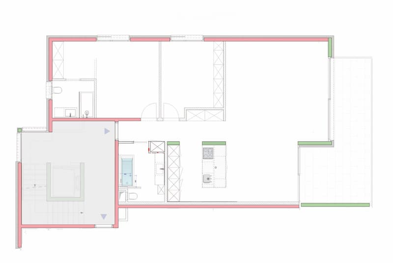 Floor plan of a residential space featuring a living room, kitchen, bedroom, bathroom, and hallway.