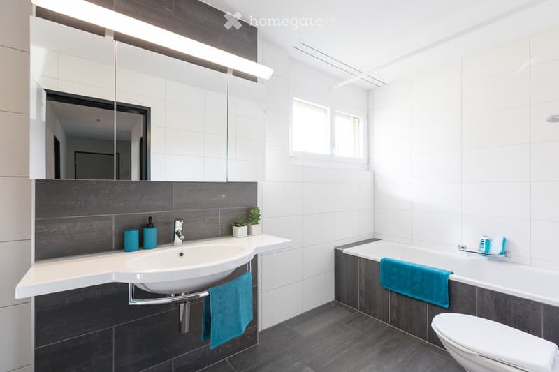 Modern bathroom with white tiles, grey accents, a large mirror, a sink with a modern faucet, a bathtub, and a toilet. The space features a sleek design with a small plant and decorative items on the sink counter.