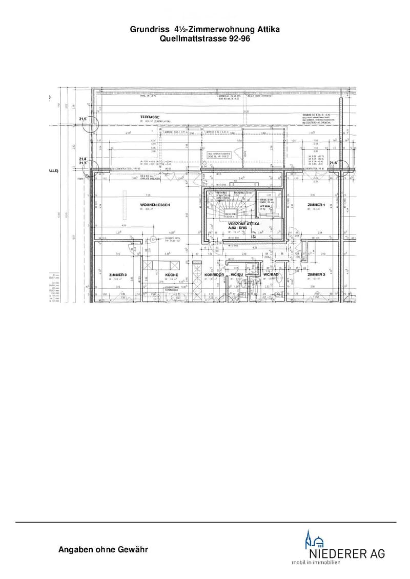 Floor plan of a 4.5-room attic apartment at Quellmattstrasse 92-96, showing layout with living/dining area, kitchen, three bedrooms, bathroom/WC, corridor, and terrace.