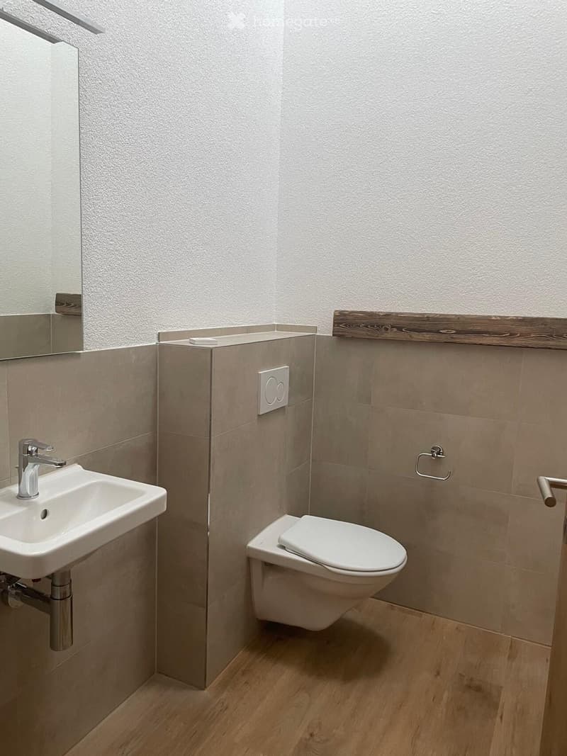 Modern bathroom with a white sink, chrome faucet, toilet, and a mirror above the sink. Light-colored tiles and wooden flooring.