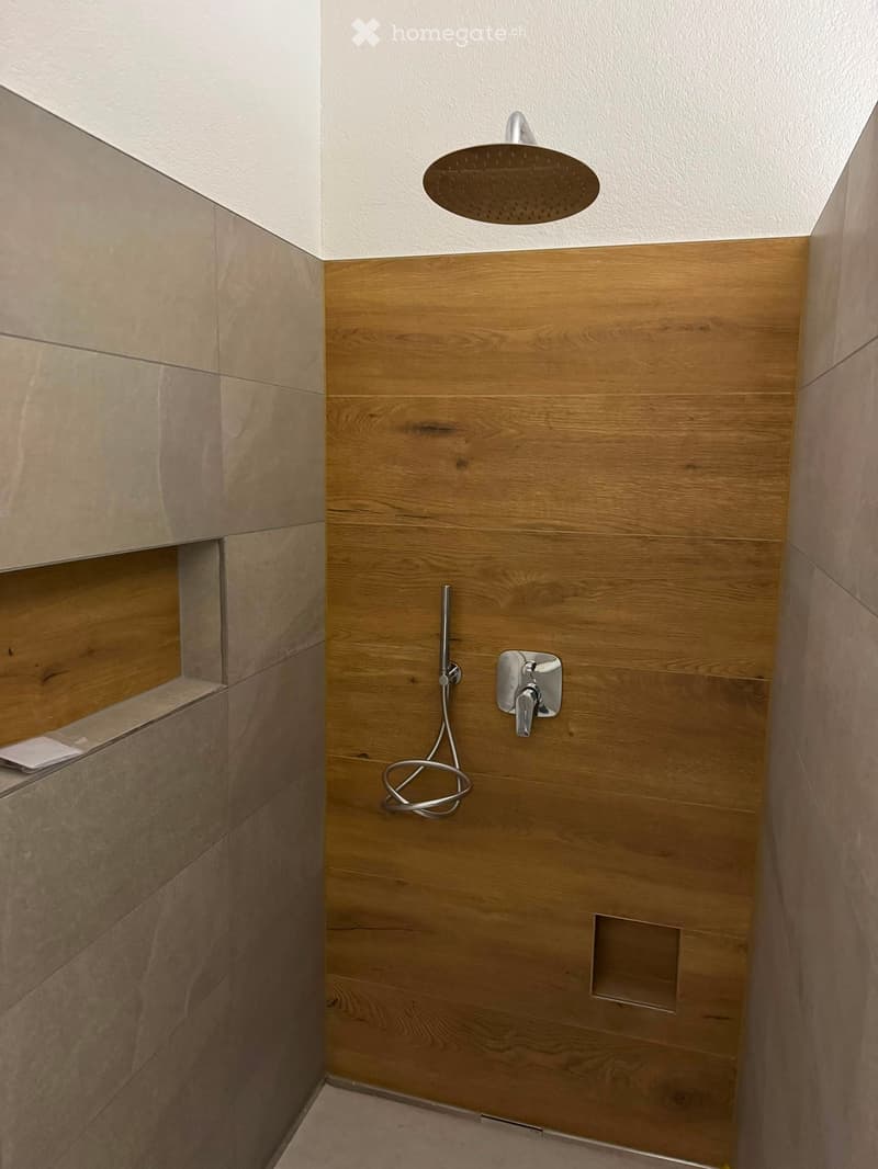 Modern shower area with wooden paneling, a round showerhead, handheld shower, and a sleek faucet.