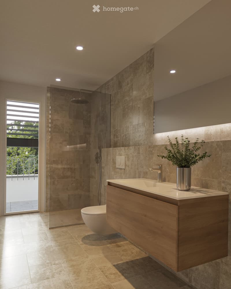 Modern bathroom with a wooden vanity, sink, faucet, toilet, glass-enclosed shower, and a potted plant on the counter.