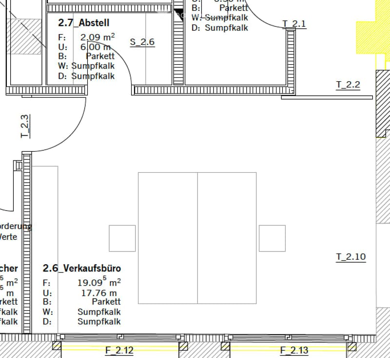 Floor plan showing two rooms: a storage area (2.7 Abstell) and a sales office (2.6 Verkaufsbüro). Dimensions and floor types are indicated.