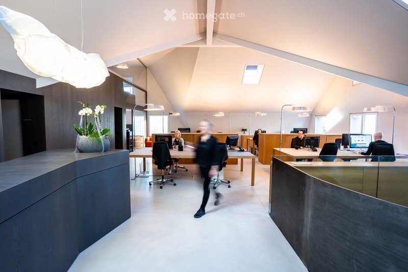 Modern office space with white walls, wooden tables, black chairs, computers, and a decorative vase with flowers. The room features a sleek, contemporary design with ample natural light from large windows and skylights.