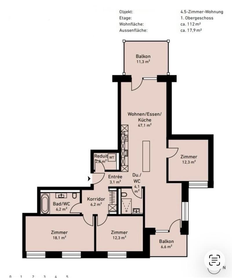Floor plan of a 4.5-room apartment on the first upper floor, approximately 112 m², with a balcony area of 17.9 m². Layout includes living/dining/kitchen area, two bedrooms, a bathroom, a hallway, and a small storage room.