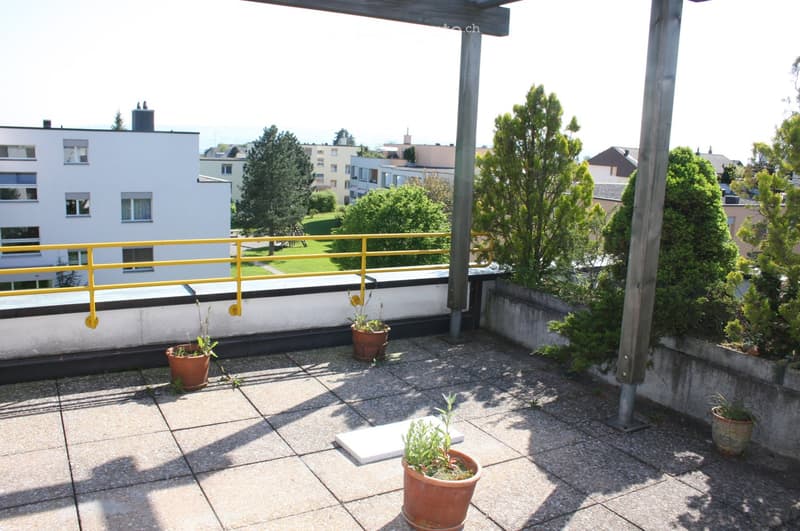 Balcony with tiled floor, yellow railing, potted plants, and a view of the surrounding area.