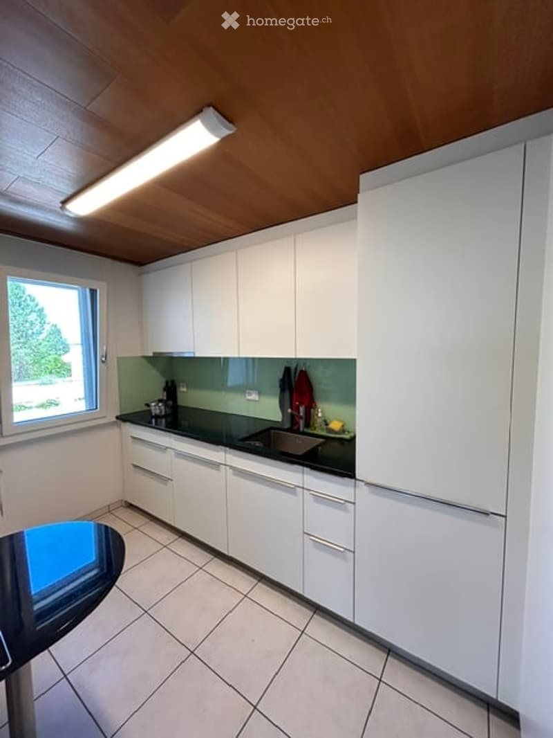 Modern kitchen with white cabinets, black countertop, and a stainless steel sink. Features a large window with a view of greenery outside, a built-in refrigerator, and a small round table with a blue top.