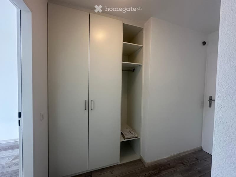 Empty room with white walls, light wooden flooring, and a built-in closet with empty shelves.