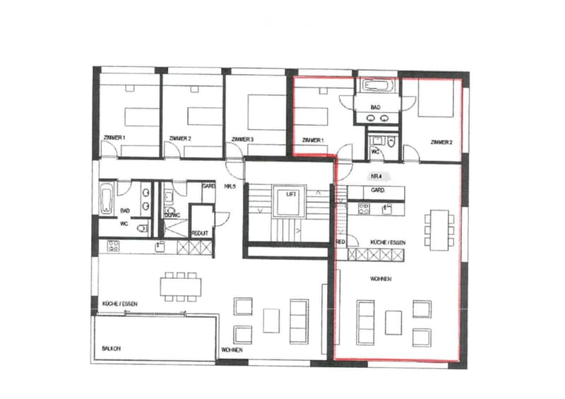 Floor plan of a multi-level residential building with labeled rooms including bedrooms, bathrooms, kitchen, living area, and balcony.
