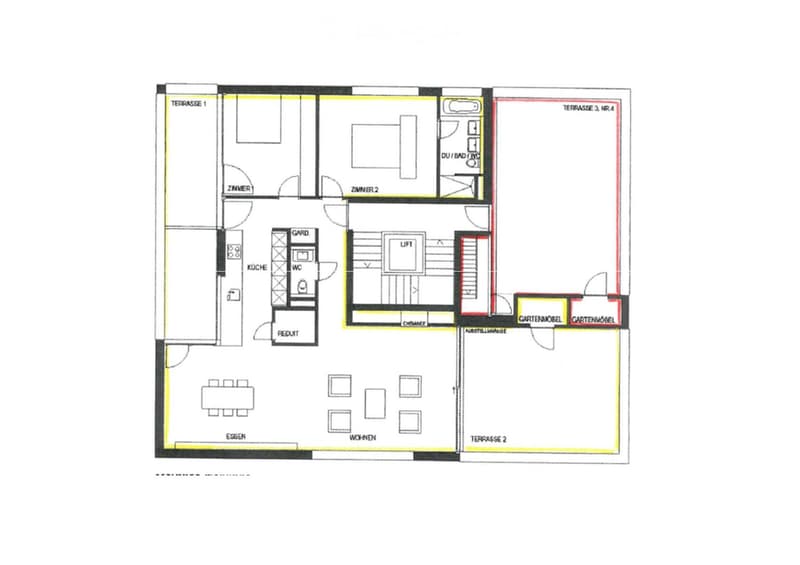 Floor plan of a multi-level residential space with labeled rooms including kitchen, living area, bedrooms, bathrooms, and terraces.