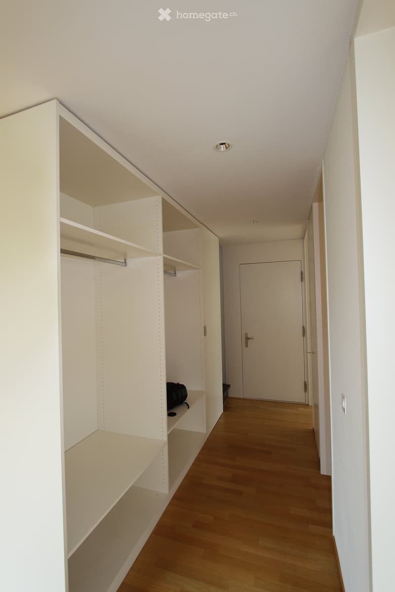 A narrow hallway with light wooden flooring and white walls. Features built-in white shelving units on one side and a closed door at the end.