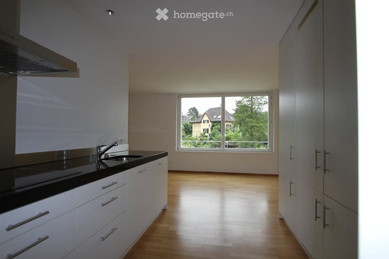 Modern kitchen with white cabinets, black countertops, a stainless steel sink, and a range hood. The floor is light wood, and there is a large window offering a view of the outside.