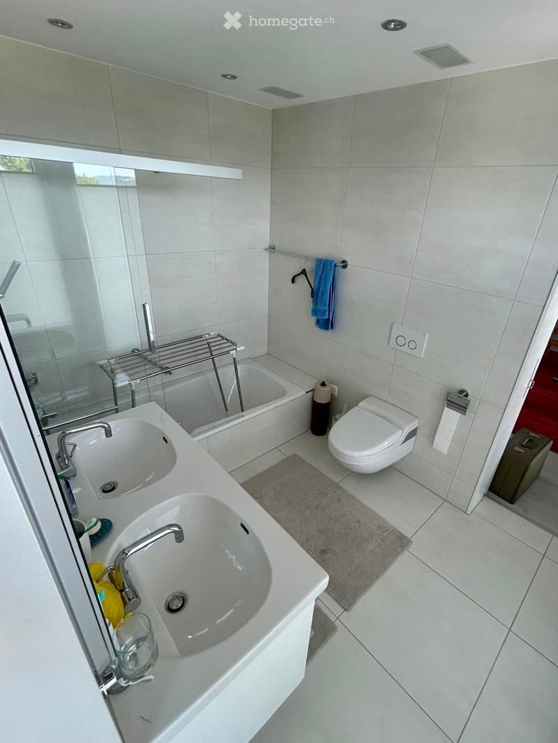Modern bathroom with double sink, toilet, bathtub, large mirror, towel rack, and a small rug on the floor.