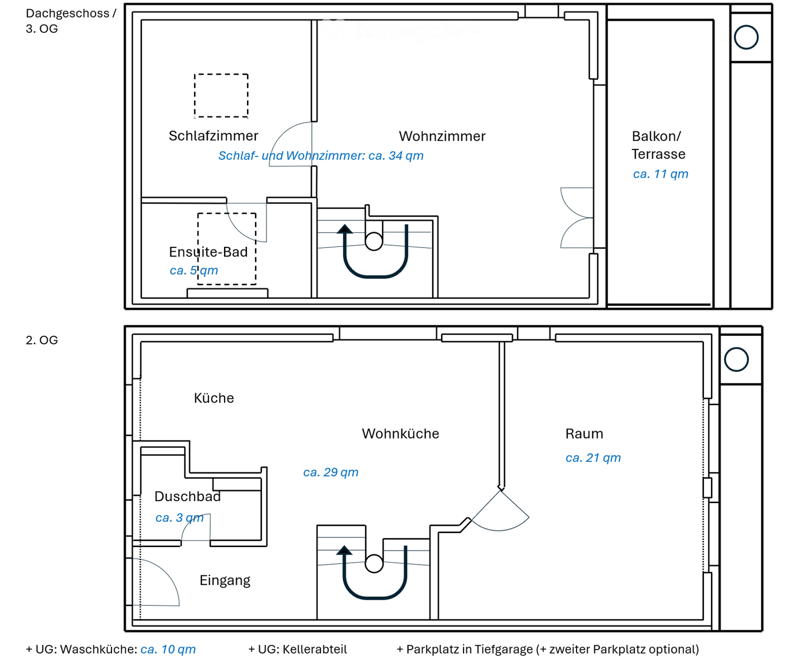 Floor plan of a 3-story building showing a bedroom, living room, ensuite bathroom, kitchen, dining area, shower room, entrance, and balcony/terrace.