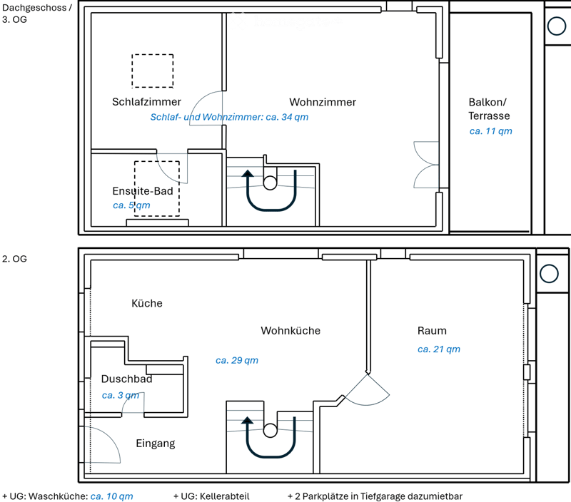 Floor plan showing two levels: 3rd floor with bedroom, living room, and balcony; 2nd floor with kitchen, living-dining area, bathroom, and entrance.