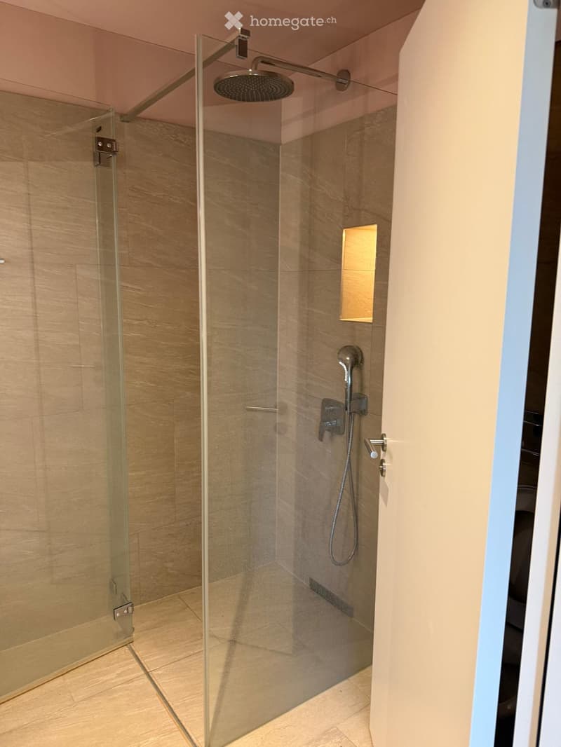 Modern shower area with a glass enclosure, a handheld showerhead, and a fixed overhead showerhead. The walls and floor are tiled in a warm, neutral tone.