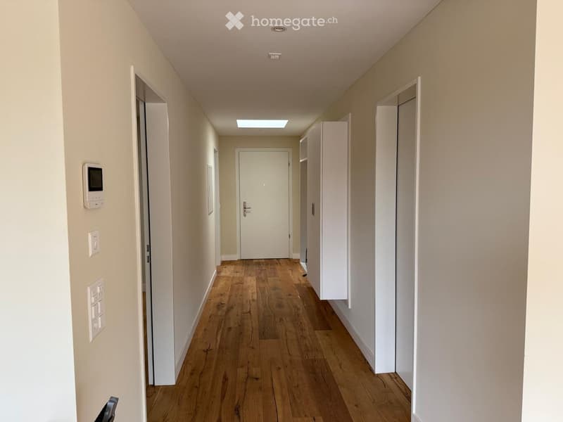 A modern hallway with wooden flooring, white walls, and several doors leading to different rooms. The hallway features built-in white cabinets on one side and a skylight at the far end, providing natural light.