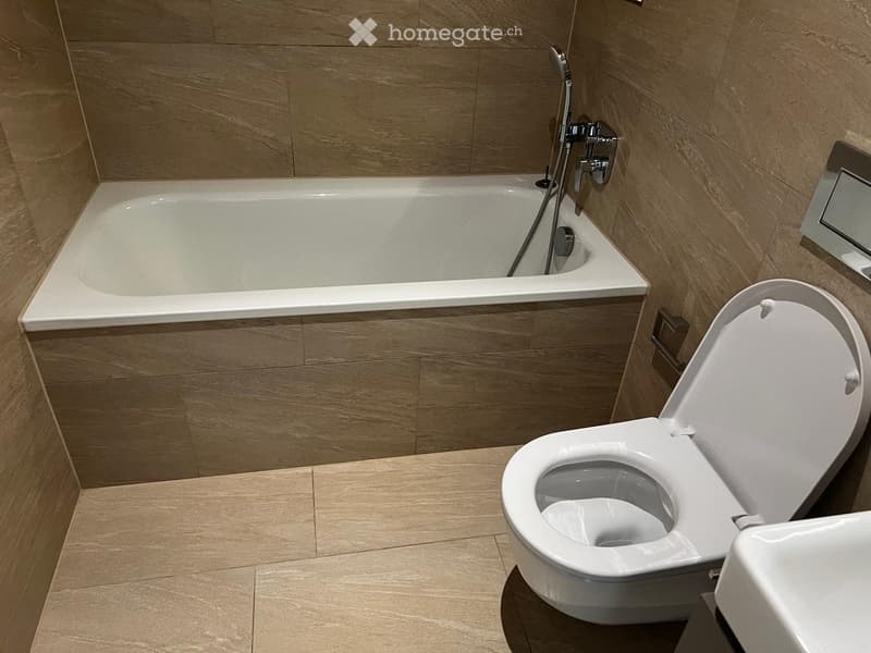 Modern bathroom with a bathtub, toilet, and a handheld showerhead attached to the wall.