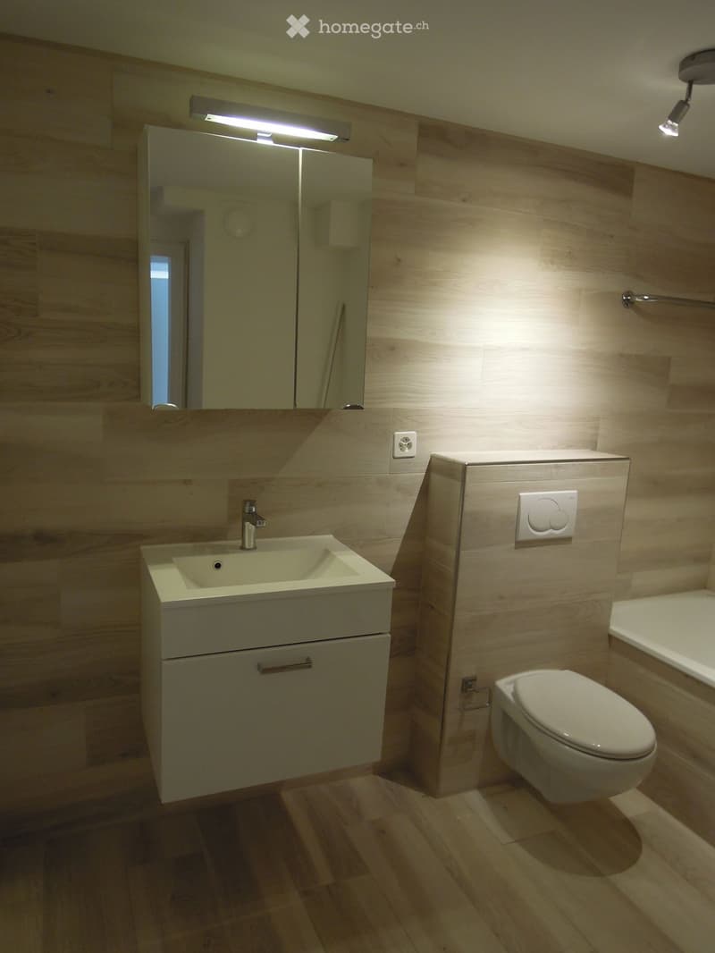 Modern bathroom with wooden walls and floor, featuring a sink with a faucet, a large mirror, a toilet, and a bathtub.