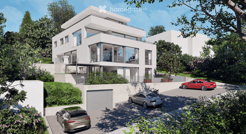 Modern two-story house with white exterior, large windows, and a balcony. Features a garage and parking area with several cars.