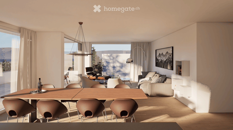 Modern living and dining area with large windows offering a view, featuring a sofa, coffee table, dining table with chairs, pendant light, floor lamp, and artwork on the wall.